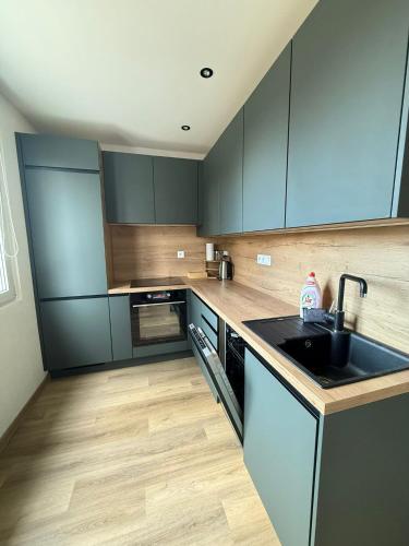 a kitchen with blue cabinets and a sink at Mid-Town Spacious Apartment in Banská Bystrica