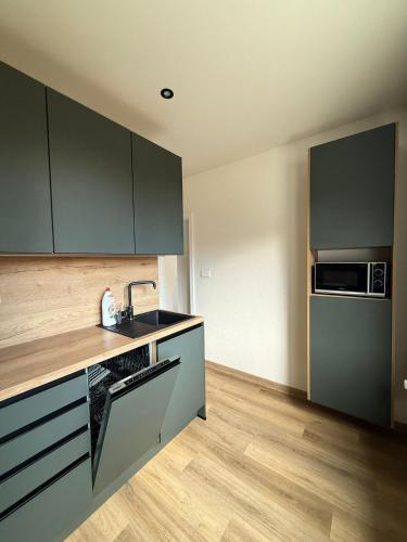 a kitchen with green cabinets and a sink at Mid-Town Spacious Apartment in Banská Bystrica