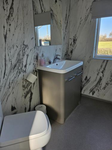a bathroom with a white toilet and a sink at Ruth's Refresh Shropshire Country Retreat with Private Hot Tub & Stunning Views in Shrewsbury