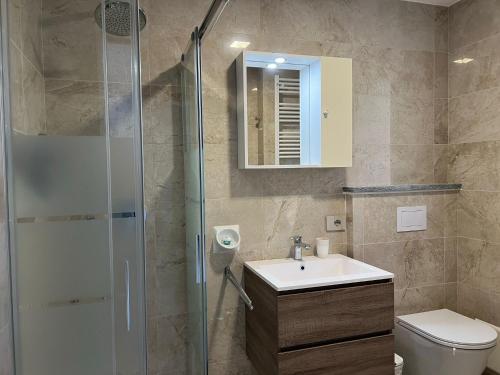 a bathroom with a shower and a sink and a toilet at MyLago in Baveno