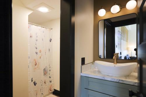 a bathroom with a sink and a mirror at Chic Queen Apartment At The Victorian Unit A in Muskegon