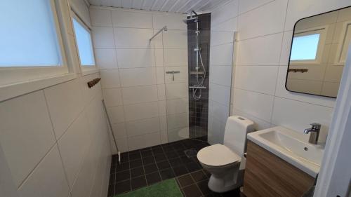 a bathroom with a shower and a toilet and a sink at Lagom huset in Årjäng