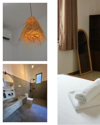 two pictures of a room with a bed and a bathroom at Dreamers Surf House in Matara