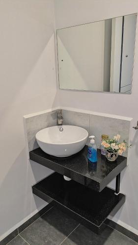 a bathroom with a white sink and a mirror at Mimi homes in Tatu City