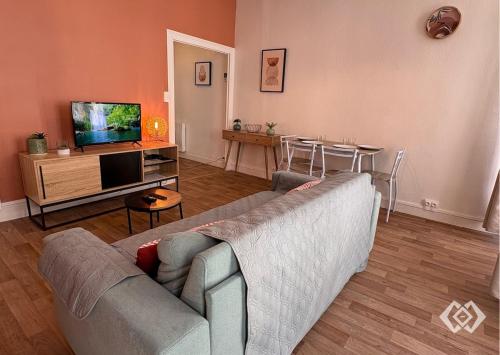 a living room with a couch and a television at Le Bailly charmant T2 Confort calme hyper centre in Orléans