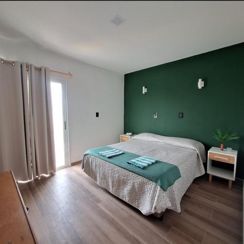 a bedroom with a bed and a green wall at Bed and breakfast Maipu in Maipú
