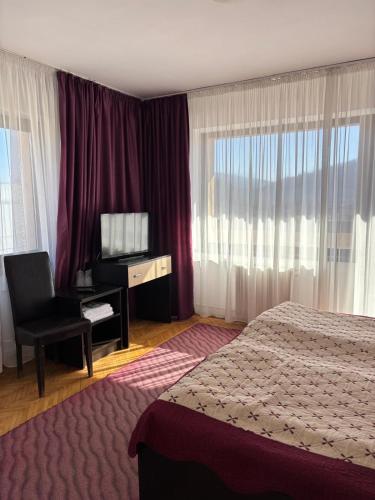 a hotel room with a bed and a desk with a television at Pensiunea Alexia in Bistriţa