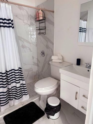 a white bathroom with a toilet and a shower at Charming 3BR Near Ponce Attractions in Ponce