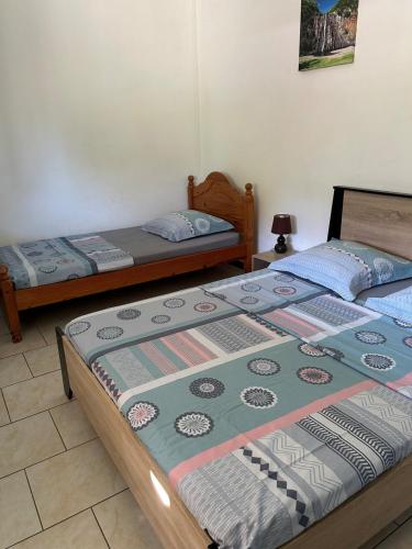 two twin beds in a room withthritisthritisthritisthritisthritisthritisthritisthritisthritis at Case Géranium 2* piscine chauffée in Saint-Joseph
