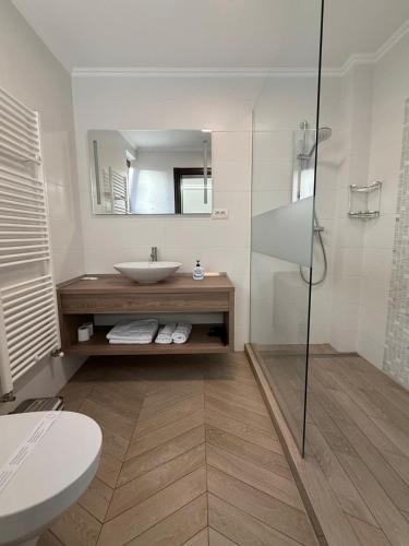 a bathroom with a sink and a glass shower at White Residence in Arad