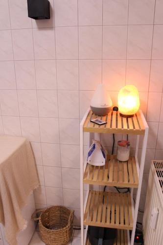 a small shelf with a lamp on it in a bathroom at Appartement Erzgebirge in Schönheide