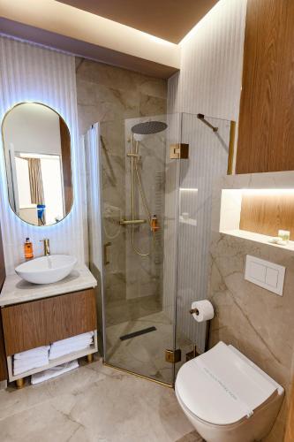 a bathroom with a shower and a toilet and a sink at Celeste Villa Boutique in Ranca