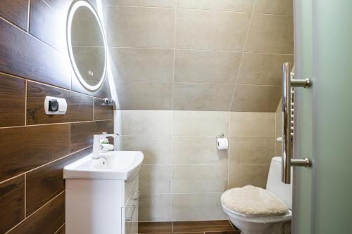a bathroom with a toilet and a sink and a mirror at Agrozacisze in Zubrzyca Górna