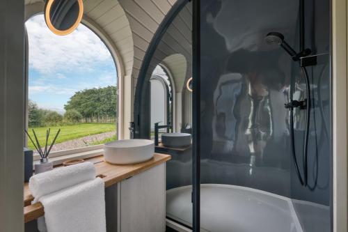 a bathroom with a tub and a shower with a window at Estate Cabins at Ballygarry in Tralee