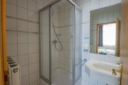 a bathroom with a shower and a sink at Ferien Hotel Villa Südharz in Sülzhayn