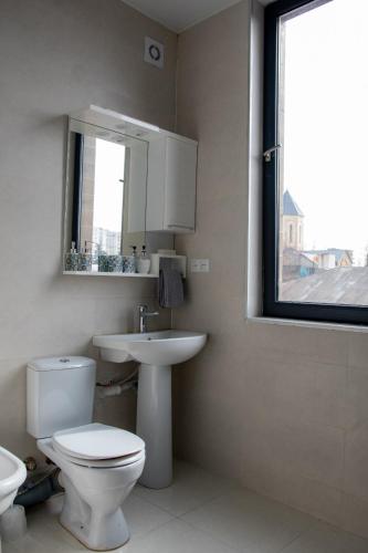 a bathroom with a toilet and a sink and a window at Hostel Rioni in Kutaisi
