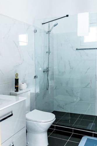 a white bathroom with a shower and a toilet at Saton 24H Guest House in São Tomé
