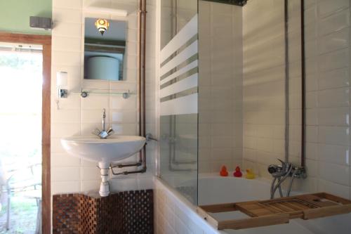 a bathroom with a sink and a shower at The charming, bright stable in Neuilly-le-Dien
