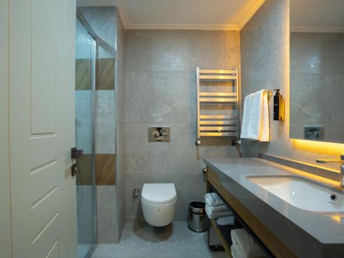 a bathroom with a sink and a toilet and a shower at Elite World Comfy Diyarbakır in Diyarbakır