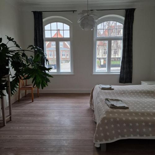 a bedroom with a bed and two windows at Patriciavilla tæt på centrum in Haderslev