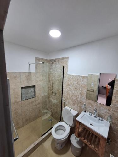a bathroom with a toilet and a shower and a sink at departamentos 4 personas,N3 Aire acondicionado Wifi TvCable Parrilla in Santa Teresita