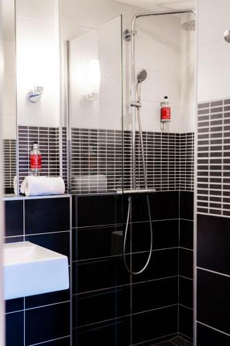 a black and white bathroom with a shower and a sink at Hôtel du Musée de l'Eau in Pont-en-Royans