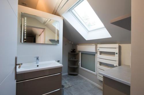 a bathroom with a sink and a skylight at La maison bleue in Lusigny-sur-Barse
