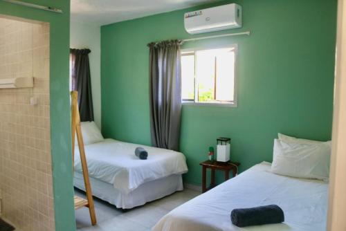 a green room with two beds and a window at Planet Scuba Bed and Breakfast in Ponta do Ouro