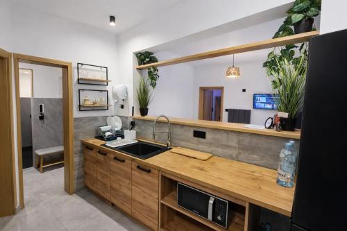 a kitchen with a sink and a counter at Apartament Zacisze 2 in Przemyśl