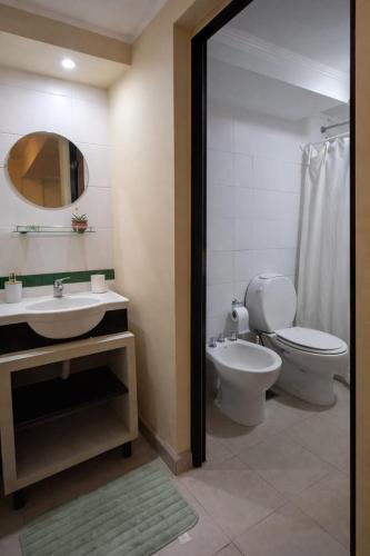 a bathroom with a toilet and a sink and a mirror at Amplio monoambiente céntrico Rafaela in Rafaela
