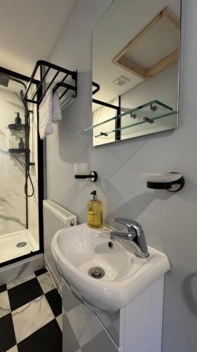 a bathroom with a sink and a mirror at Converted Barn Studio with Private En-Suite in Horspath