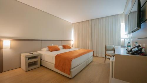 a hotel room with a bed and a desk at Viale Tower Hotel in Foz do Iguaçu