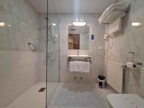 a bathroom with a shower and a toilet and a sink at Hotel Yerri in Estella