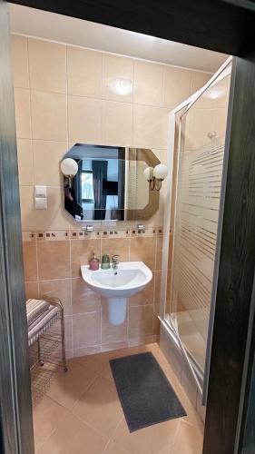 a bathroom with a sink and a shower with a mirror at Cyprianówka in Warszowice