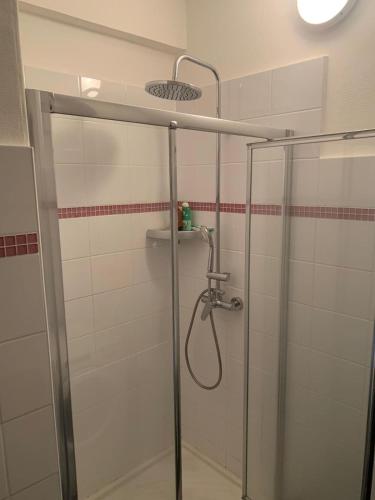 a shower with a glass door in a bathroom at Le Sam in Brive-la-Gaillarde