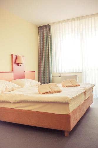 a bedroom with two beds and a large window at Hotel Hrádok in Jelšava