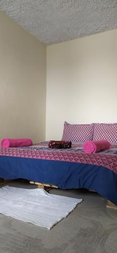 a bed in a room with pink and blue at Kings Home Stay in Nakuru
