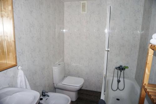 ウエスカにあるApartamentos Turísticos Río Gallego (Apartamento Huesca)のバスルーム(トイレ、洗面台、シャワー付)