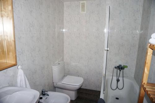 a bathroom with a toilet and a sink and a shower at Apartamentos Turísticos Río Gallego (Apartamento Huesca) in Huesca