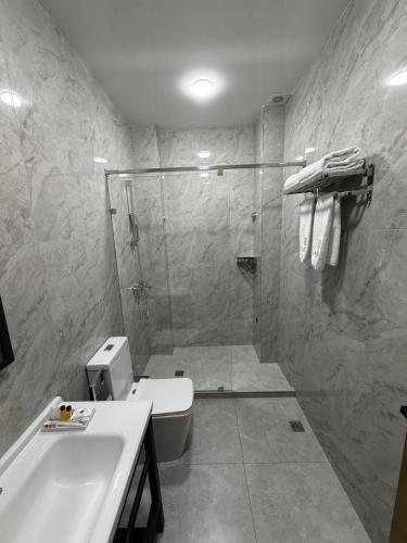 a bathroom with a shower and a toilet and a sink at Loren Hotel in Tashkent