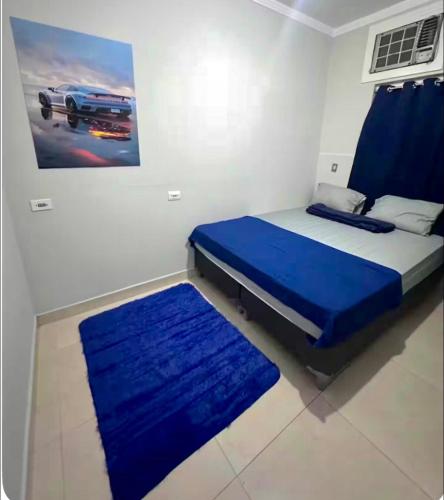 a bedroom with a bed with blue sheets and a blue rug at Your Climatized Paradise in Americana