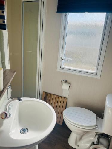 a bathroom with a white toilet and a sink at Sea Salt in Padstow