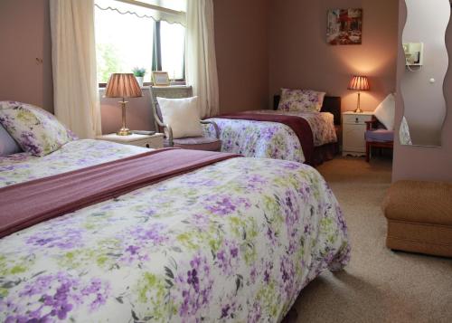 una camera da letto con due letti e una finestra di Grangeview House B&B a Mullinderg