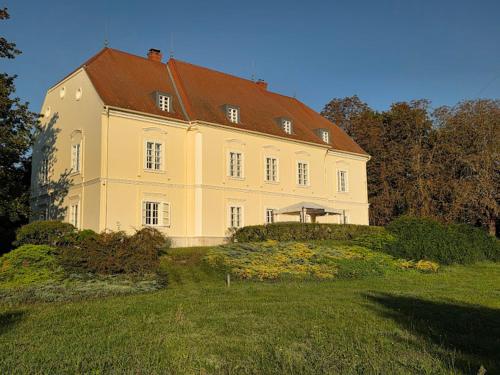 a large white house with a red roof at Csillaghy Kastély in Bókaháza