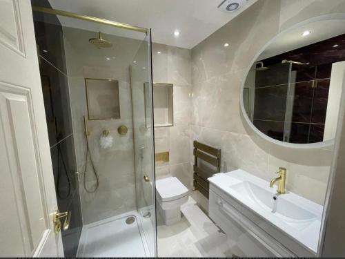 a bathroom with a shower and a toilet and a sink at Glams luxury home in Wolverhampton