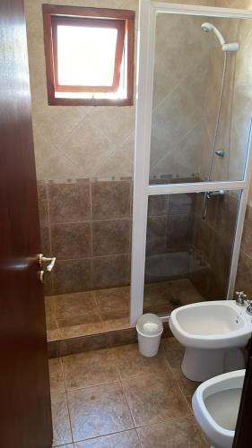 a bathroom with a shower and a toilet and a sink at Hosteria EL REFUGIO in Aluminé