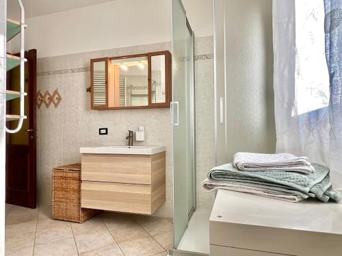 a bathroom with a sink and a glass shower at Casa Bùri in Trarego