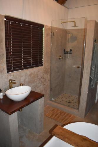a bathroom with a shower with a sink and a toilet at Mukaya Haven in Marloth Park