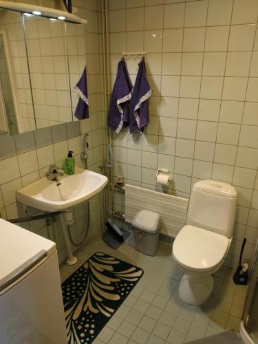 a bathroom with a toilet and a sink with purple towels at Brahenkatu Apartment in Kajaani