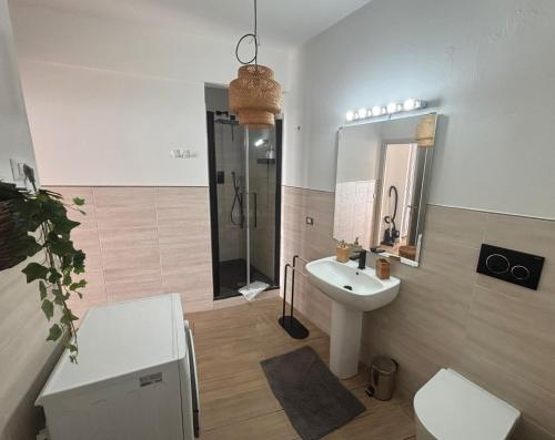 a bathroom with a sink and a shower and a mirror at M'illumino d'immenso - MONEGLIA APARTMENTS in Moneglia
